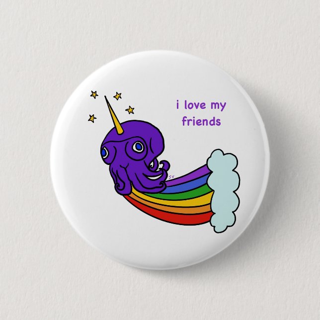 Macaron Rond 5 Cm j'aime mes amis bouton octopus (Devant)