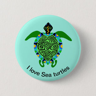Macaron Rond 5 Cm J'aime SEA TURTLES - Vie marine - Aqua Ocean