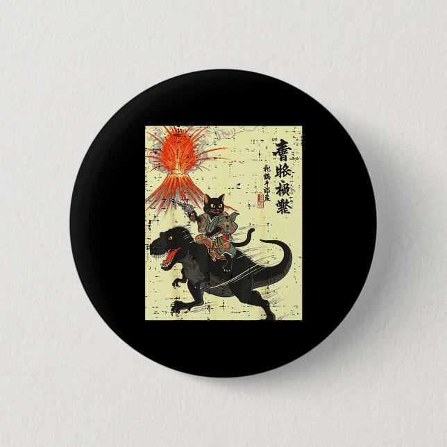 Macaron Rond 5 Cm Japanese Black Cat On Trex Funny Ukiyo-e Boys Kids (Devant)