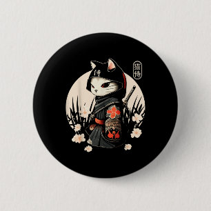 Macaron Rond 5 Cm Japonais Samurai Chat Tattoo, Kawaii Ninja Chat _1