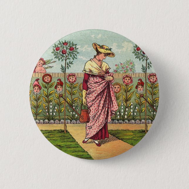 Macaron Rond 5 Cm Jardin Cultivation Flower Woman Art Antique (Devant)