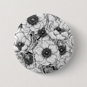 Macaron Rond 5 Cm Jardin d'anémones en noir et blanc