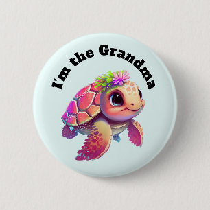 Macaron Rond 5 Cm Je suis la grand-mère - Tortue de mer rose Whimsic