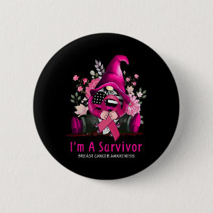 Macaron Rond 5 Cm Je suis un Gnome Survivant Ruban Rose Cancer Sein