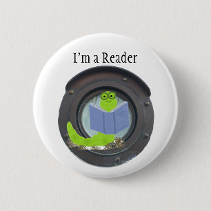 Macaron Rond 5 Cm Je suis un lecteur, bouton Ver de livre