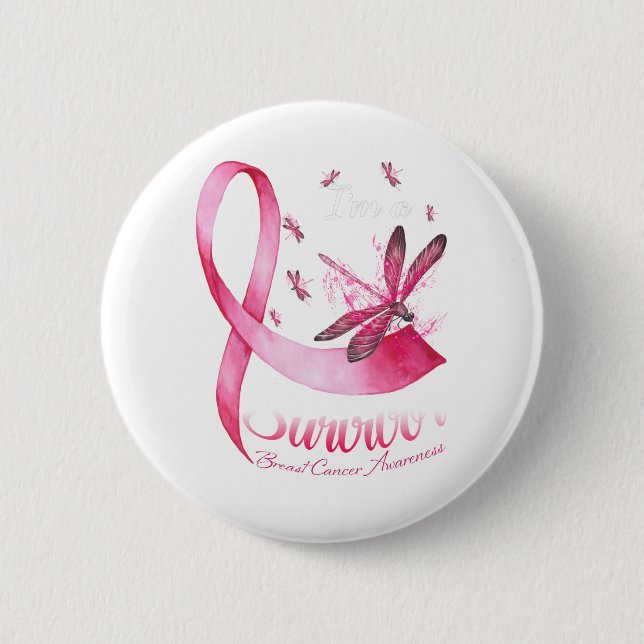 Macaron Rond 5 Cm Je suis Un Survivant Dragonfly Pink Ribbon Cancer  (Devant)