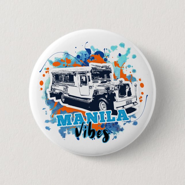 Macaron Rond 5 Cm Jeepney Manille Vibes Bleu Orange (Devant)