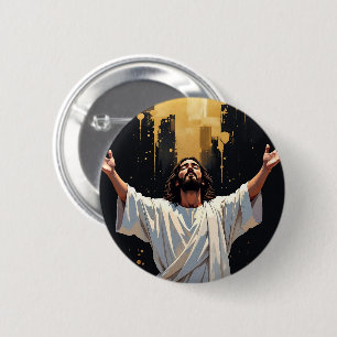 Macaron Rond 5 Cm Jésus-Christ Notre Sauveur Noir et Or
