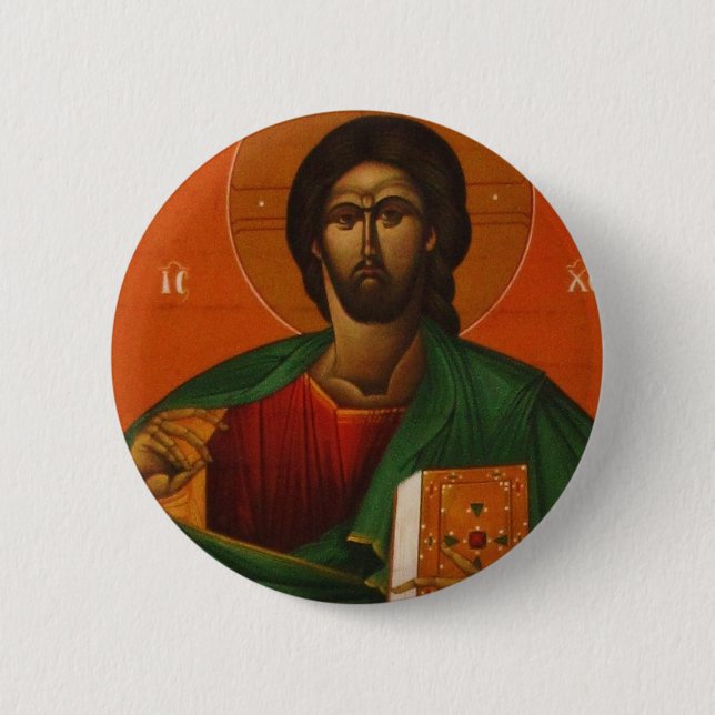 MACARON ROND 5 CM JÉSUS-CHRIST ORTHODOXE GREC D'ICÔNE (Devant)