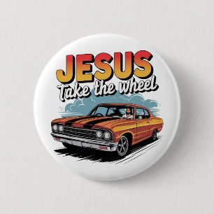 Macaron Rond 5 Cm Jesus Prend le Volant Voiture Musclée Vintage