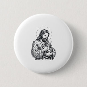 Macaron Rond 5 Cm Jésus vintage tenant un chat gravure graphique_1