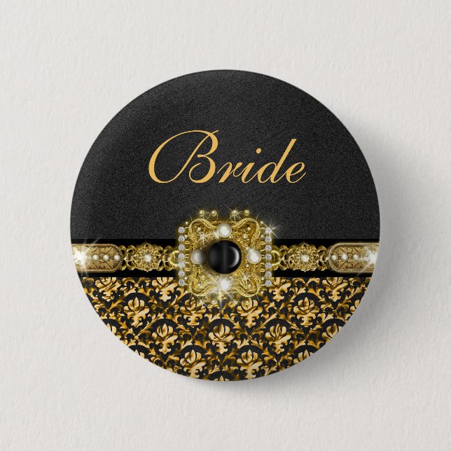Macaron Rond 5 Cm Jeune mariée noire de mariage damassé d'or (Devant)