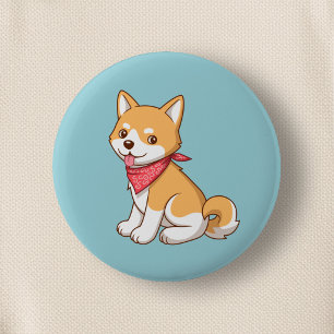 Macaron Rond 5 Cm Joli chiot Shiba Inu sur fond bleu