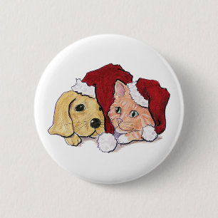 Macaron Rond 5 Cm Joli Christmas Labrador Puppy et Orange Tabby