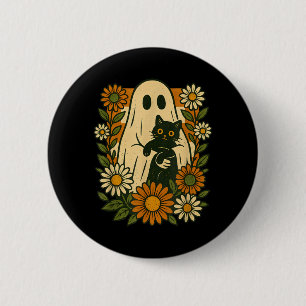 Macaron Rond 5 Cm Joli fantôme tenant un chat noir floral funky drôl