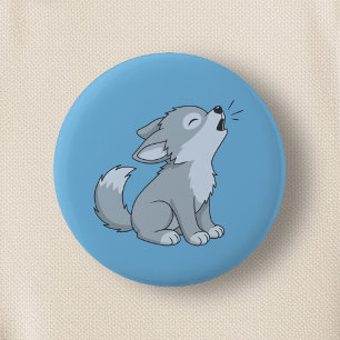 Macaron Rond 5 Cm Joli louveteau hurlant sur fond bleu