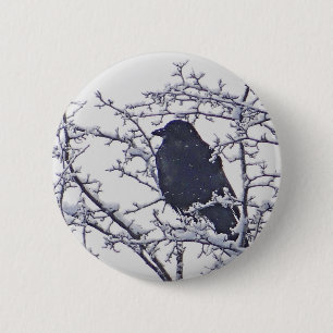 Macaron Rond 5 Cm Joli oiseau noir en branches enneigées