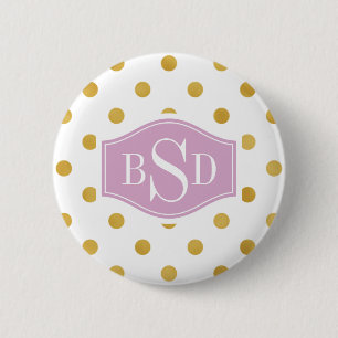 Macaron Rond 5 Cm Joli or et monogramme blanc de motifs de pois