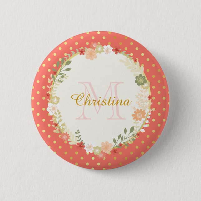 Macaron Rond 5 Cm Joli Poeach Polka Dot Nom floral et Monogramme (Devant)