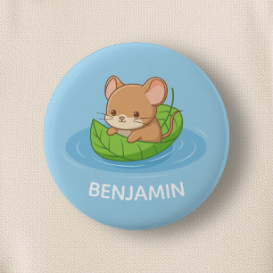 Macaron Rond 5 Cm Joli Souris dans un Bateau en Feuille Bleu Nom Per