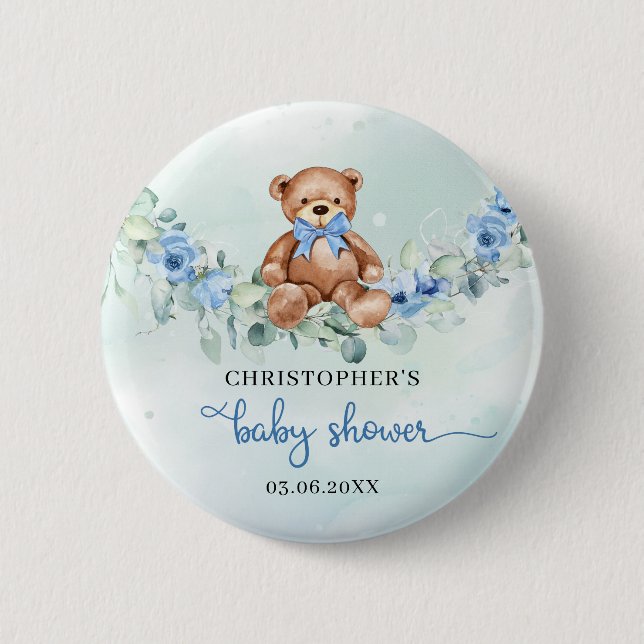 Macaron Rond 5 Cm Jolie aquarelle ours en peluche fleurs bleues euca (Devant)