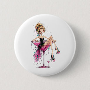 Macaron Rond 5 Cm Jolie fille aguicheuse dans un verre à Martini