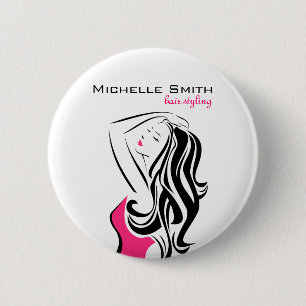 Macaron Rond 5 Cm Jolie fille avec cheveux ondulés Marque de coiffur