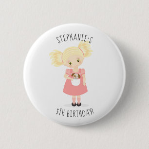 Macaron Rond 5 Cm Jolie fille blonde d'anniversaire et chiot