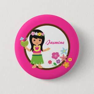 Macaron Rond 5 Cm Jolie Fille Hula Thème Luau Hawaïen