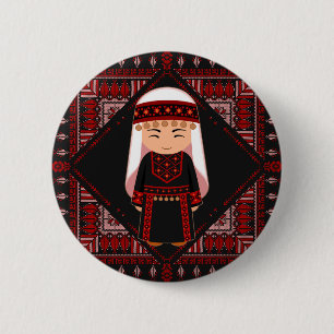 Macaron Rond 5 Cm jolie fille palestinienne Broderie rouge tatreez