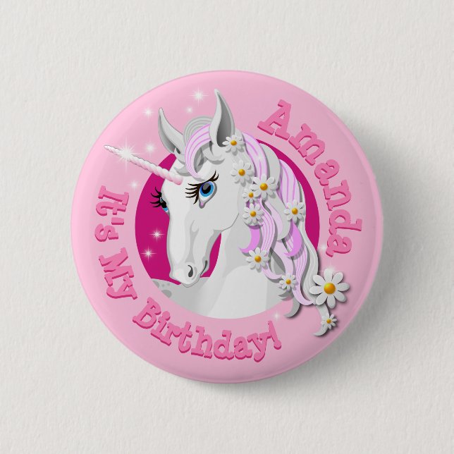 Macaron Rond 5 Cm Jolie licorne rose fête d'anniversaire (Devant)