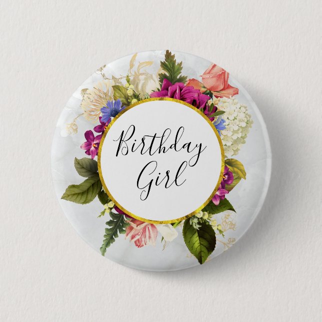 Macaron Rond 5 Cm Jolie rose Aquarelle Fleurs Anniversaire Fille (Devant)