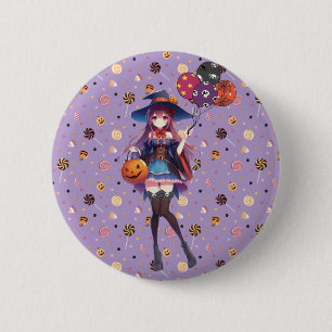 Macaron Rond 5 Cm Jolie Sorcière d'Halloween Anime