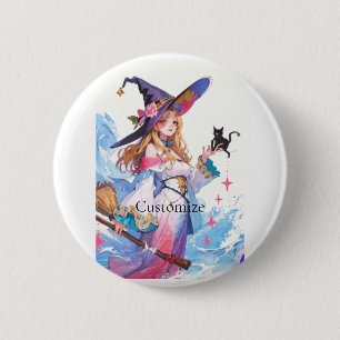 Macaron Rond 5 Cm Jolie Sorcière tenant Chat noir Thunder_Cove