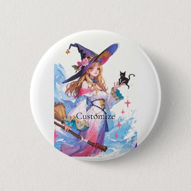 Macaron Rond 5 Cm Jolie Sorcière tenant Chat noir Thunder_Cove (Devant)
