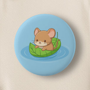 Macaron Rond 5 Cm Jolie souris dans un bateau en feuille bleue