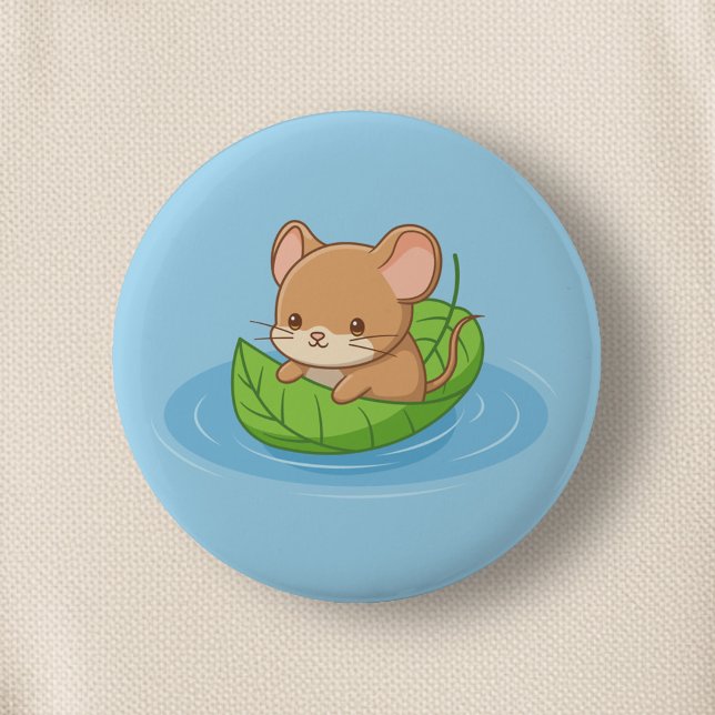 Macaron Rond 5 Cm Jolie souris dans un bateau en feuille bleue (Créateur téléchargé)