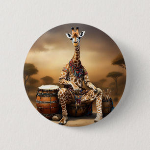 Macaron Rond 5 Cm Joueur à tambour Bongo en Giraffe africaine,