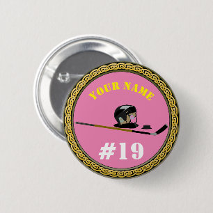 Macaron Rond 5 Cm Joueur de hockey sur bouton - Ajouter nom et numér