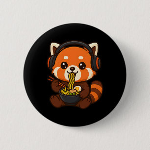 Macaron Rond 5 Cm Joueur de Red Panda Gaming mangeant du Ramen 