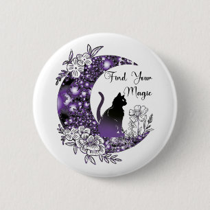 Macaron Rond 5 Cm Jour Graphique Mystique Céleste Noir Chat Lune