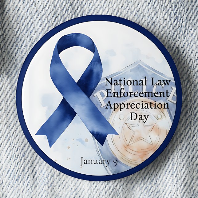 Macaron Rond 5 Cm Jour national d'appréciation de l'application de l (Blue awareness ribbon National Law Enforcement Appreciation Day pinback button.  January 9.)