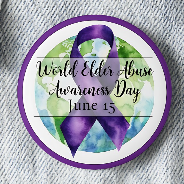 Macaron Rond 5 Cm Journée mondiale de sensibilisation à la violence  (Purple ribbon and globe. World Elder Abuse Awareness Day June 15.)