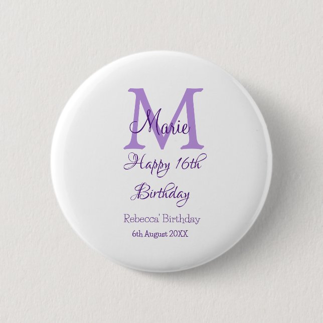Macaron Rond 5 Cm Joyeux 16e anniversaire violet ajouter nom monogra (Devant)