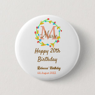 Macaron Rond 5 Cm Joyeux 20e Anniversaire couronne monogramme rouge