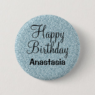 Macaron Rond 5 Cm Joyeux Anniversaire Bleu Argent Paillettes Brillan