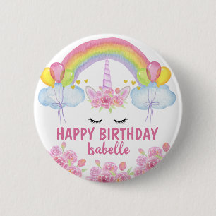 Macaron Rond 5 Cm Joyeux anniversaire Cute Pink Unicorn Rainbow Flor
