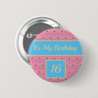 Macaron Rond 5 Cm Joyeux Anniversaire Floral or/ rose/ bleu design