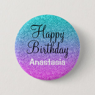 Macaron Rond 5 Cm Joyeux Anniversaire Glamour Ombré Rose Bleu Violet
