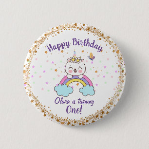 Macaron Rond 5 Cm Joyeux Anniversaire Licorne Mignonne Chat Arc-en-C